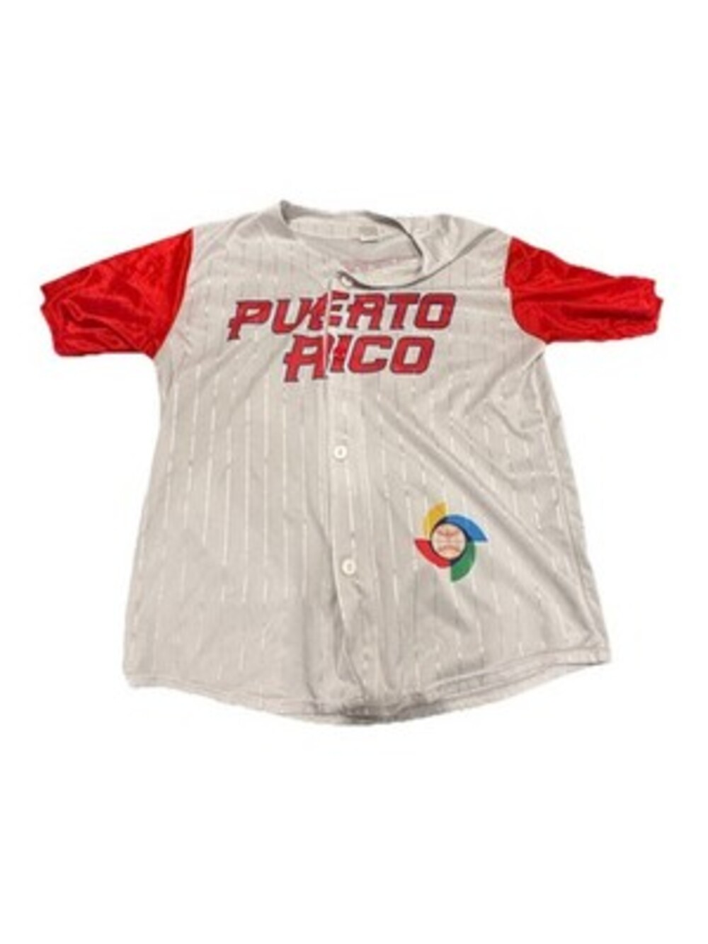 Puerto Rico Baseball Jersey Gray Red Pinstripe Button Front See Measurements